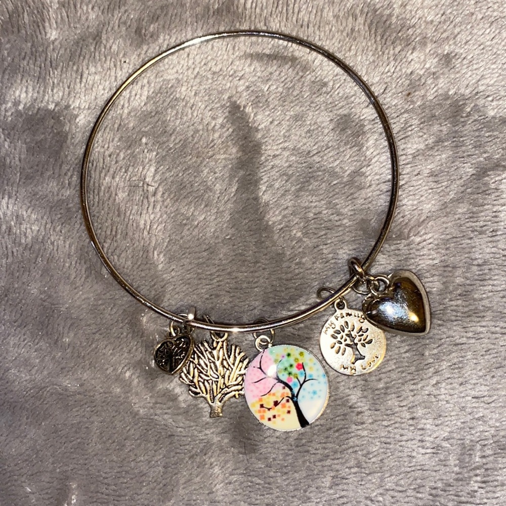 Silver bangle with charms.